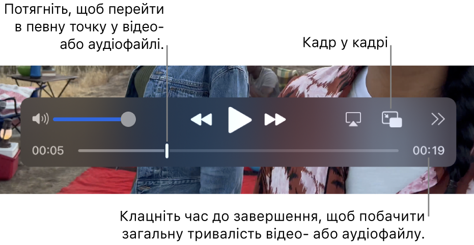 Елементи керування відтворенням QuickTime Player. У верхній частині зображено послідовно елементи керування гучністю, кнопка перемотування назад, кнопка відтворення/паузи, кнопка перемотування вперед, кнопка вибору дисплея, кнопка «Кадр у кадрі», а також кнопка «Поширення та швидкість відтворення». Внизу є бігунок, який можна перетягувати, щоб перейти до певного місця в файлі. Справа внизу показано час до кінця файлу.