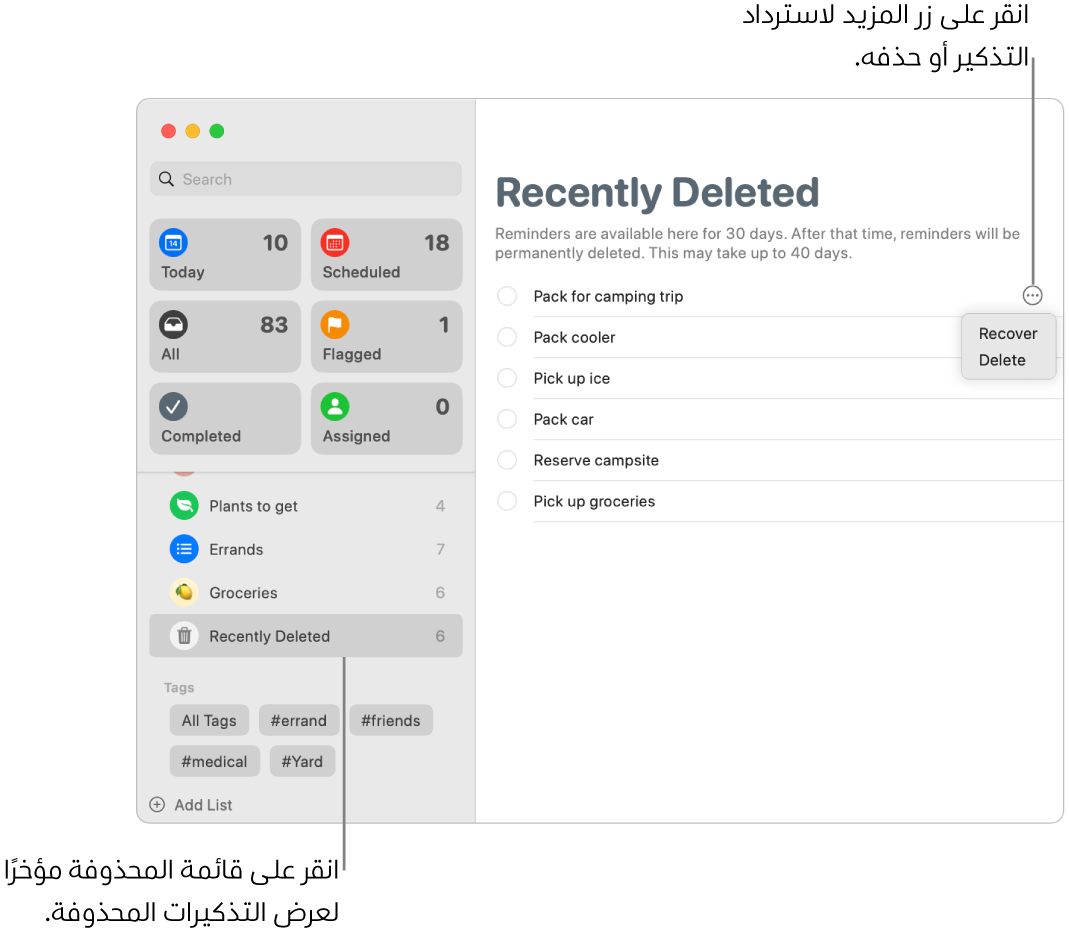 نافذة في تطبيق التذكيرات تعرض قائمة المحذوفة مؤخرًا محددة في الشريط الجانبي، وزر "المزيد" لتذكير، ويعرض خيارات استرداد التذكير أو حذفه.