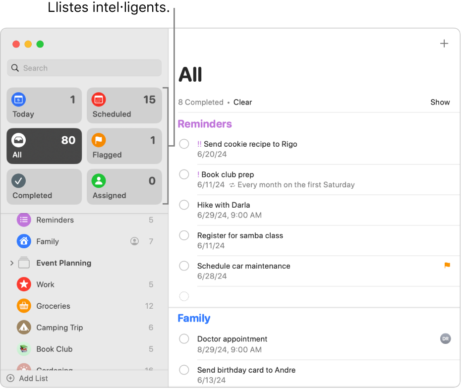 Finestra de l’app Recordatoris que mostra llistes intel·ligents a la barra lateral.