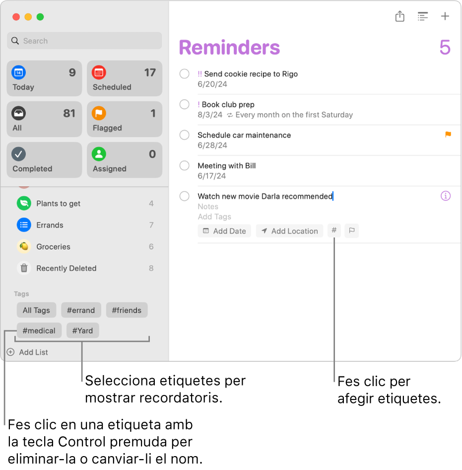 Una finestra de l’app Recordatoris amb diverses etiquetes a la barra lateral i un recordatori amb una etiqueta aplicada.