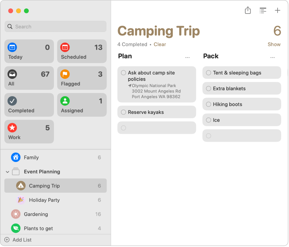 Finestra de l’app Recordatoris amb diverses llistes intel·ligents i una llista fixada a la barra lateral, així com una llista seleccionada a la vista de columna a la dreta.