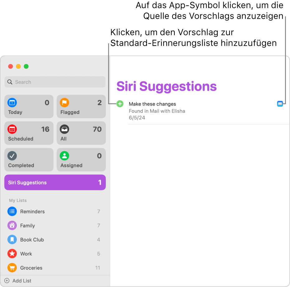 Eine Liste mit Siri-Vorschlägen in der App „Erinnerungen“ zeigt eine Erinnerung, die von der App „Mail“ vorgeschlagen wurde.