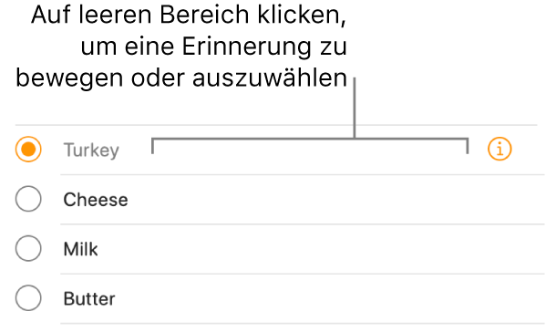 Klicke auf den leeren Bereich rechts neben dem Namen einer Erinnerung, um die Erinnerung auszuwählen.