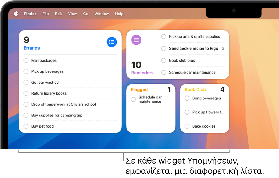 Τέσσερα widget Υπομνήσεων στο γραφείο εργασίας και σε καθένα εμφανίζεται μια διαφορετική λίστα.