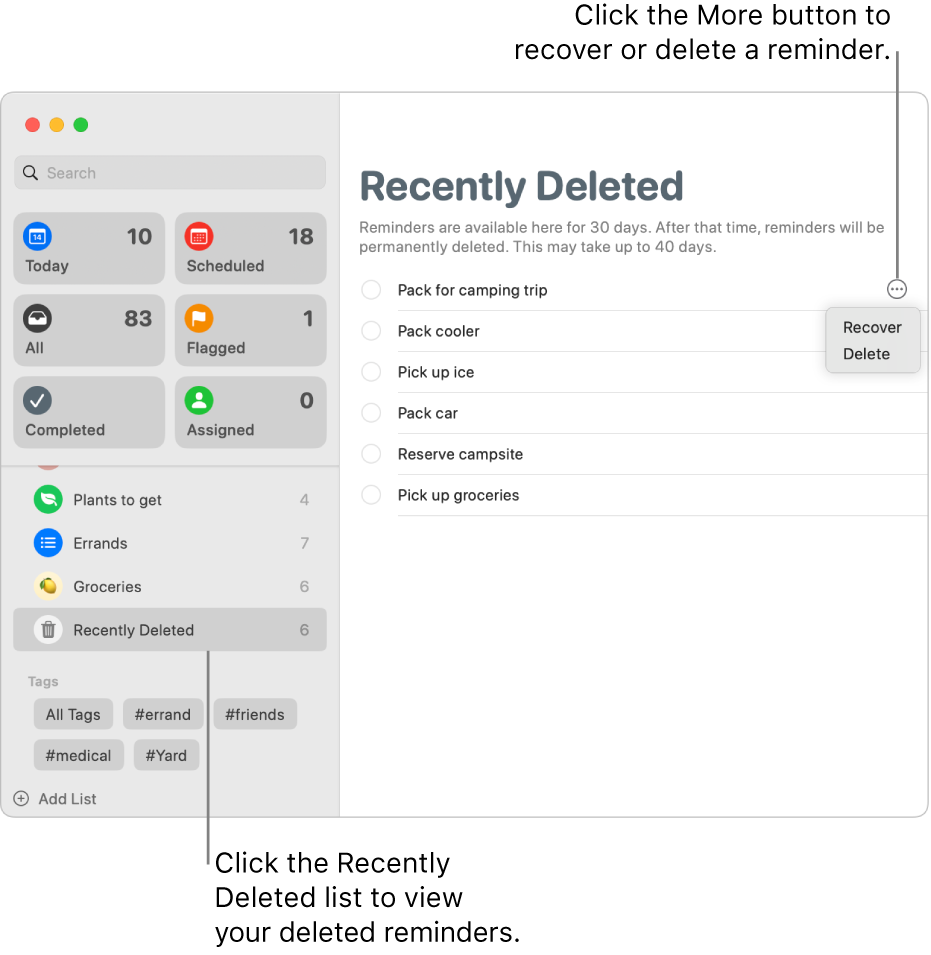 A Reminders window showing the Recently Deleted list selected in the sidebar, and the More button for a reminder showing the Recover or Delete options.