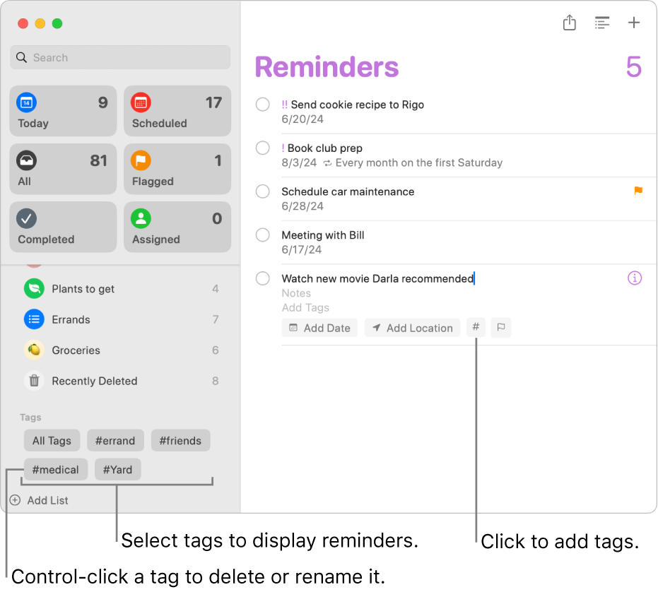 A Reminders window showing several tags in the sidebar and a reminder that has one tag applied to it.