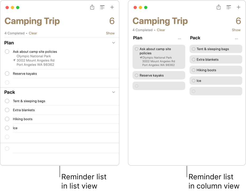 On the left, a reminder list viewed as a list is shown; on the right, the same reminder list viewed as columns is shown. The reminder list has two sections; the section titles are used for the column headings.