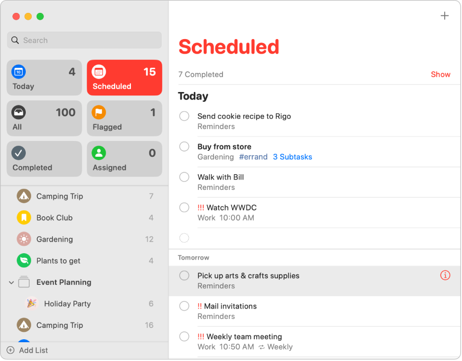 A Reminders app window showing the Scheduled Smart List with scheduled reminders for today and tomorrow.