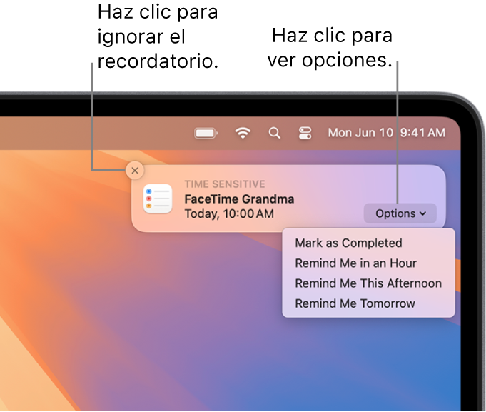 Notificación de un recordatorio con los botones Completado y Más tarde.