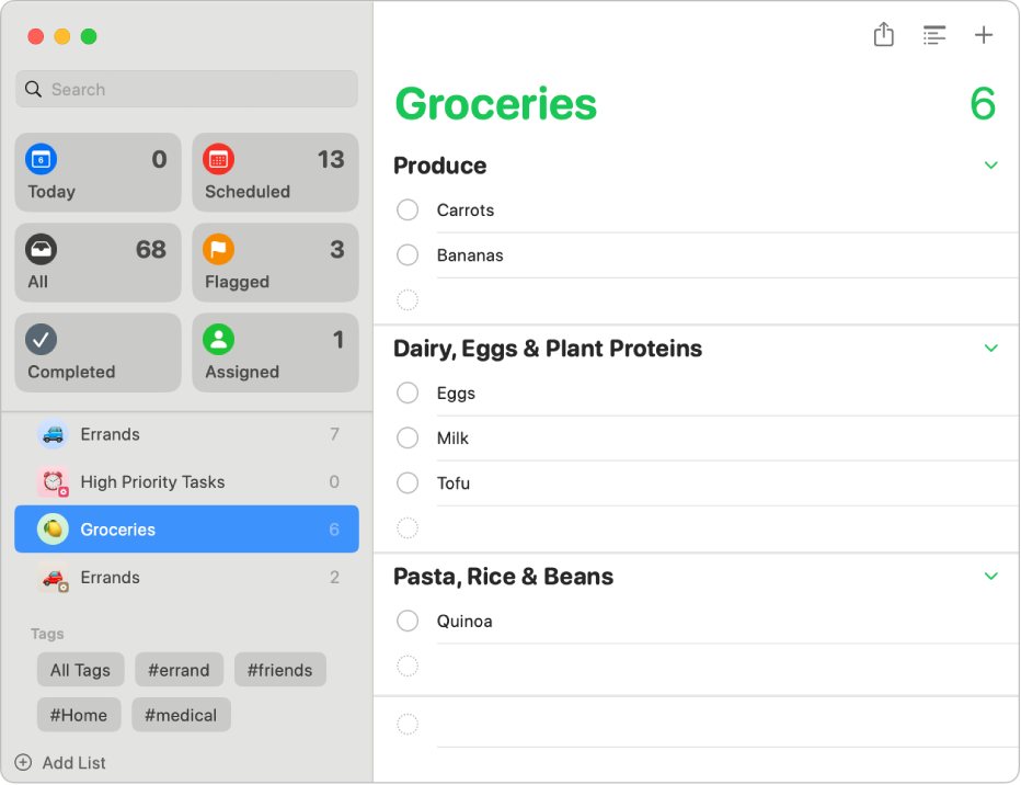 La app Recordatorios mostrando una lista del súper con seis artículos organizados automáticamente en secciones: zanahorias y plátanos en Productos agrícolas; huevos, leche, tofu en Proteínas vegetales, lácteos, huevos; y quinoa en Pasta, arroz y granos.