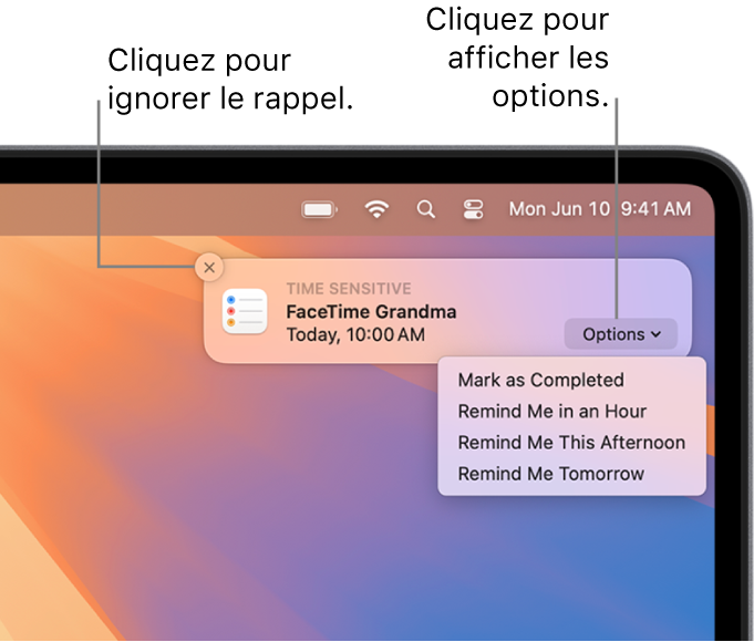 Une notification de rappel avec les boutons Terminer et Plus tard.