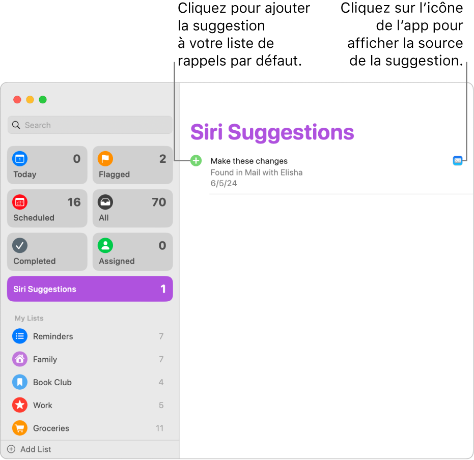 Une liste « Suggestions de Siri » dans l’app Rappels affichant une suggestion de rappel provenant de l’app Mail.