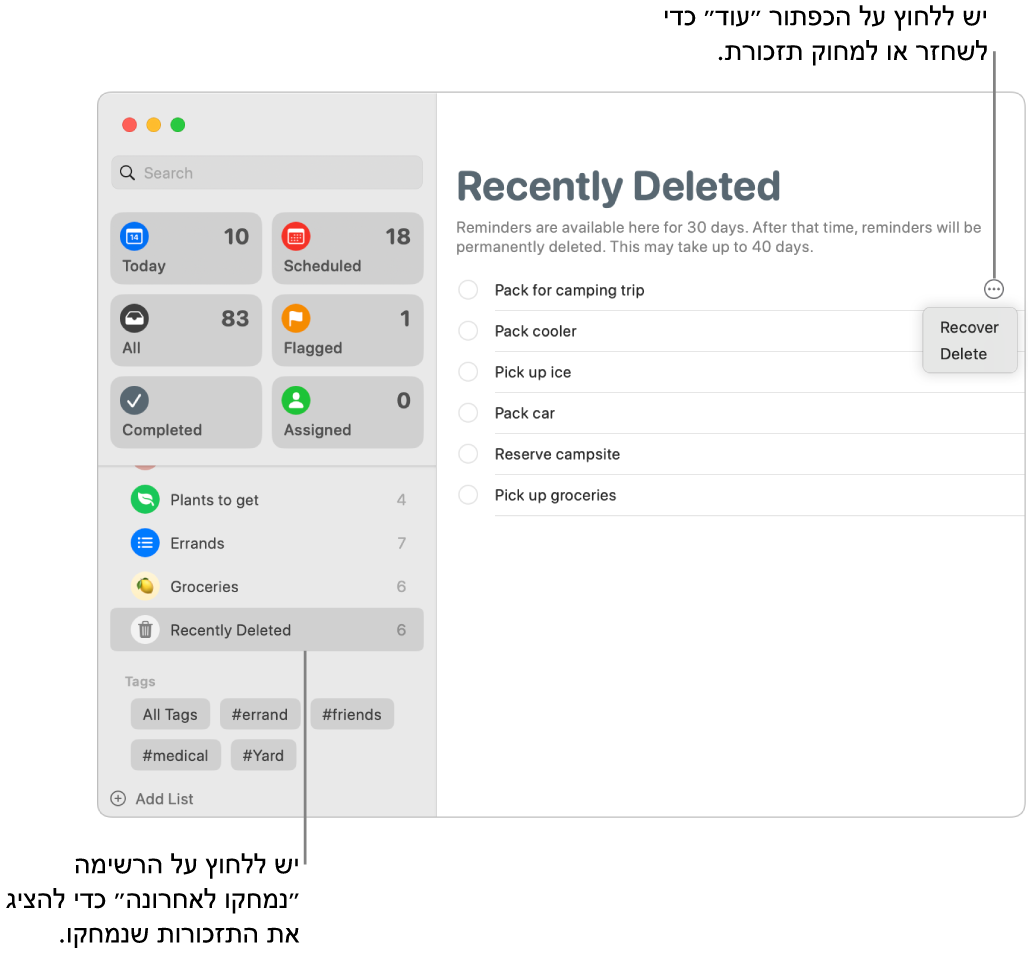 חלון של ״תזכורות״ המציג את הרשימה ״נמחקו לאחרונה״ שנבחרה בסרגל הצד, והכפתור ״עוד״ המציג את האפשרויות ״שחזור״ או ״מחיקה״.