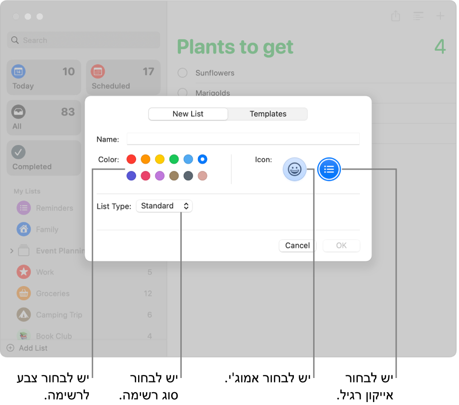 החלון ״תזכורות״ שמציג את האפשרויות לרשימה חדשה.