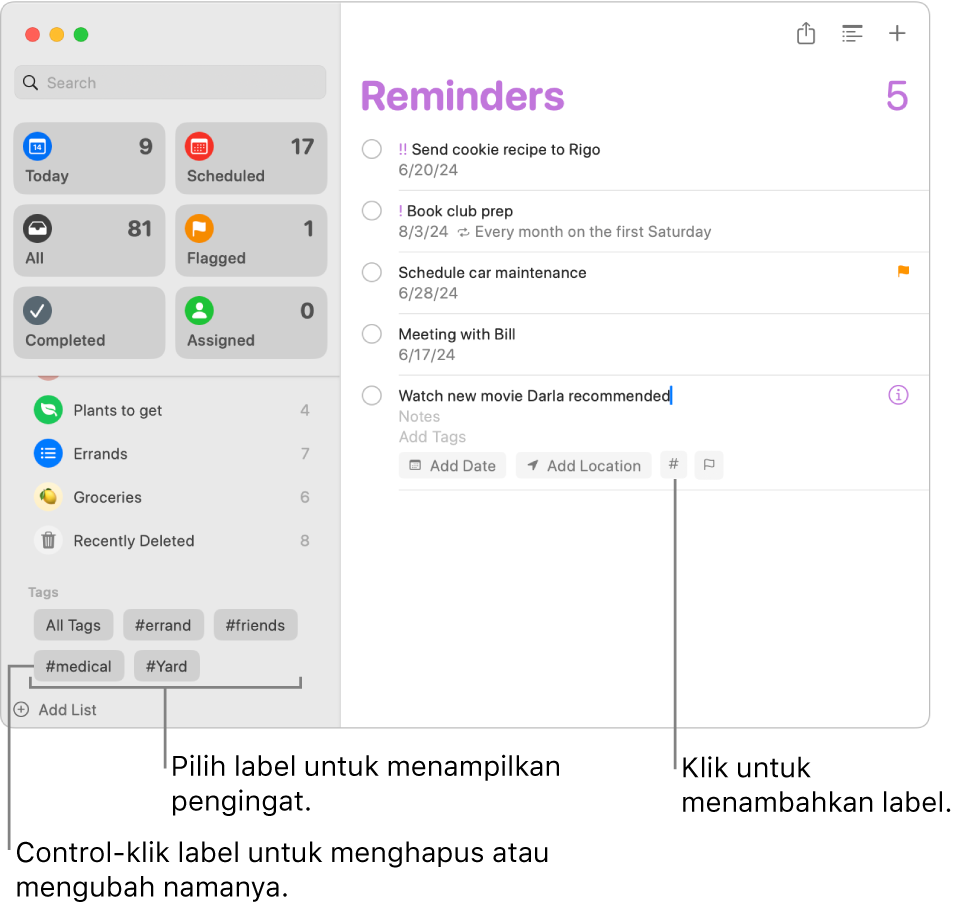 Jendela Pengingat menampilkan beberapa label di bar samping dan pengingat yang memiliki satu label yang diterapkan ke pengingat.