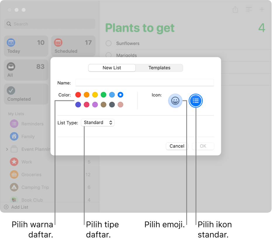 Jendela Pengingat menampilkan pilihan untuk daftar baru.