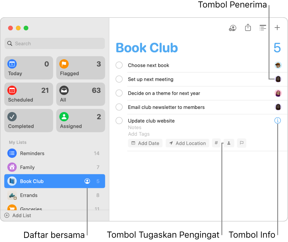 Jendela Pengingat menampilkan daftar bersama dengan pengingat yang ditugaskan.