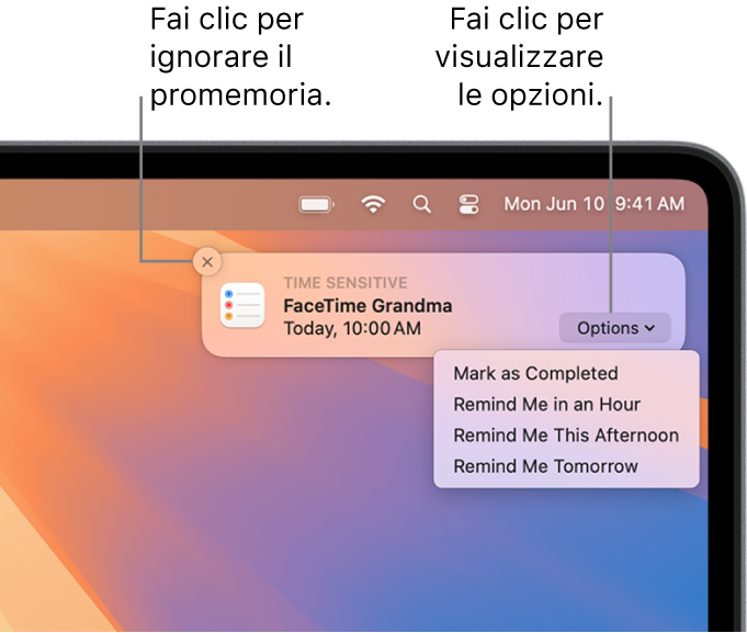 Una notifica di Promemoria con i pulsanti Completato e Ritarda.