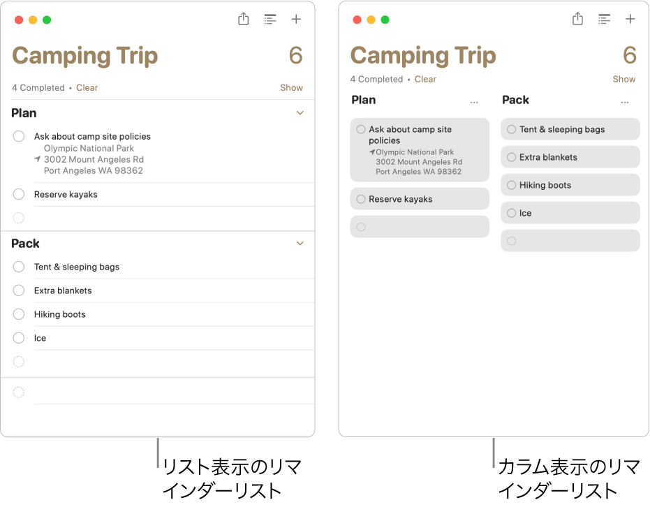 左側にはリマインダーリストがリスト表示で表示され、右側には同じリマインダーリストがカラム表示で表示されています。リマインダーリストには2つのセクションがあります。セクションのタイトルはカラムの見出しに使用されています。