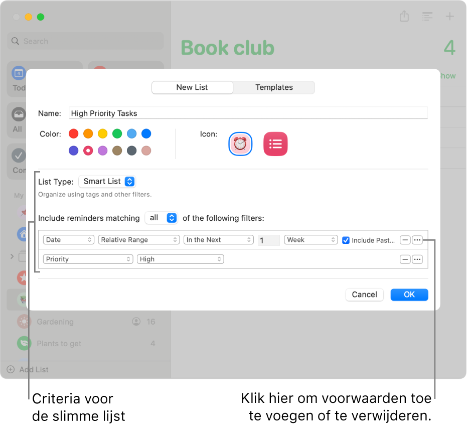 Het dialoogvenster 'Nieuwe slimme lijst' met de velden die worden gebruikt om de criteria op te geven.