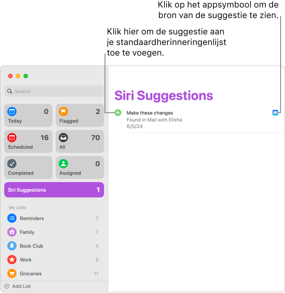 Een lijst met Siri-suggesties in de app Herinneringen waarbij een herinnering wordt voorgesteld uit de Mail-app.