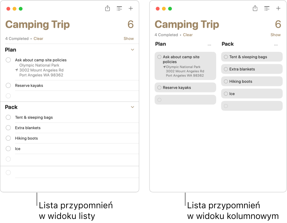 Po lewej stronie widoczna jest lista przypomnień w postaci listy, a po prawej ta sama lista przypomnień w postaci kolumn. Lista przypomnień ma dwie sekcje; tytuły sekcji są używane jako nagłówki kolumn.