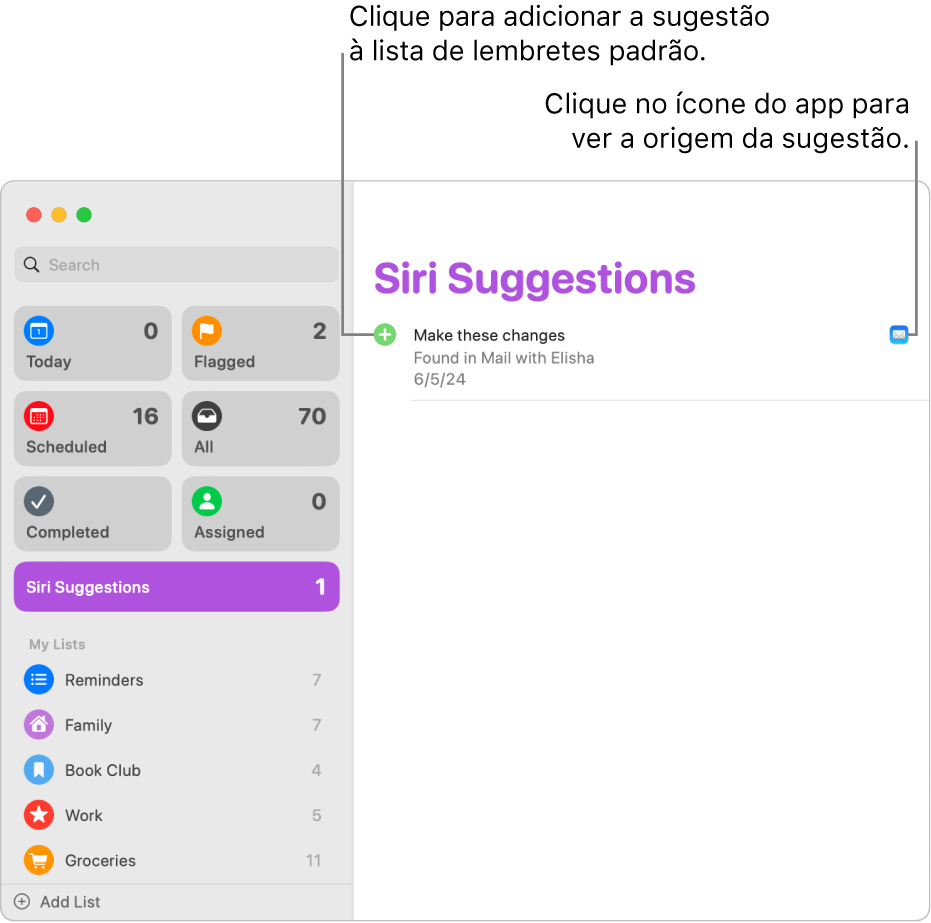 Uma lista Sugestões da Siri no app Lembretes, mostrando um lembrete sugerido no app Mail.