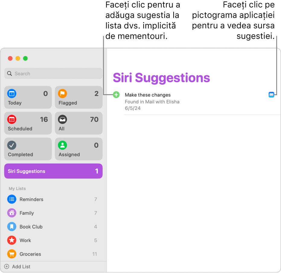 O listă de sugestii Siri în aplicația Mementouri afișând un memento sugerat din aplicația Mail.