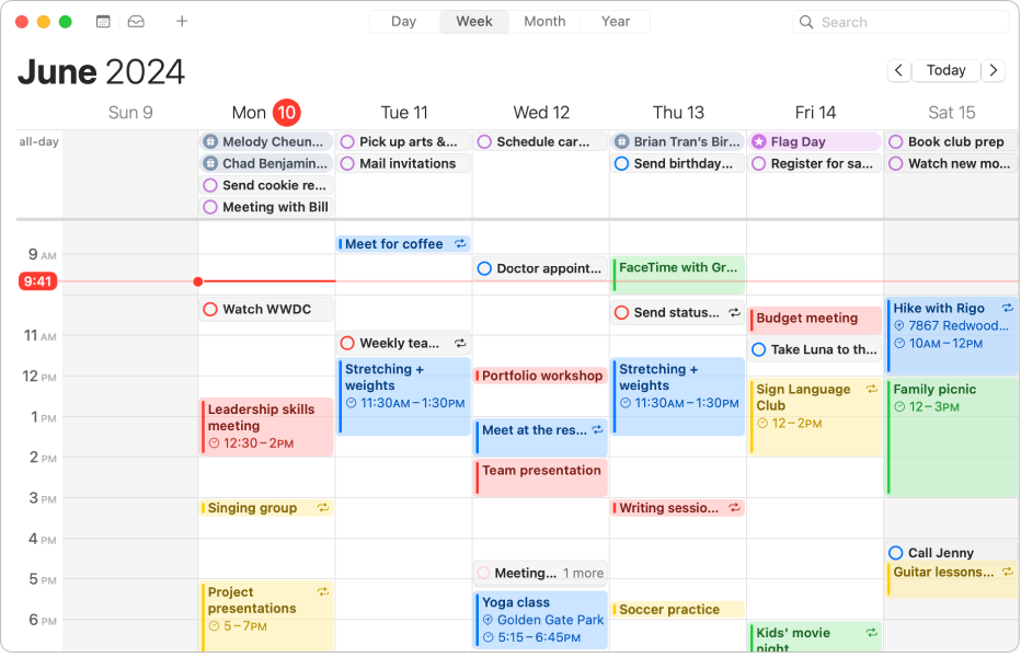 O fereastră din aplicația Calendar prezentând evenimentele programate și mementourile săptămânii.