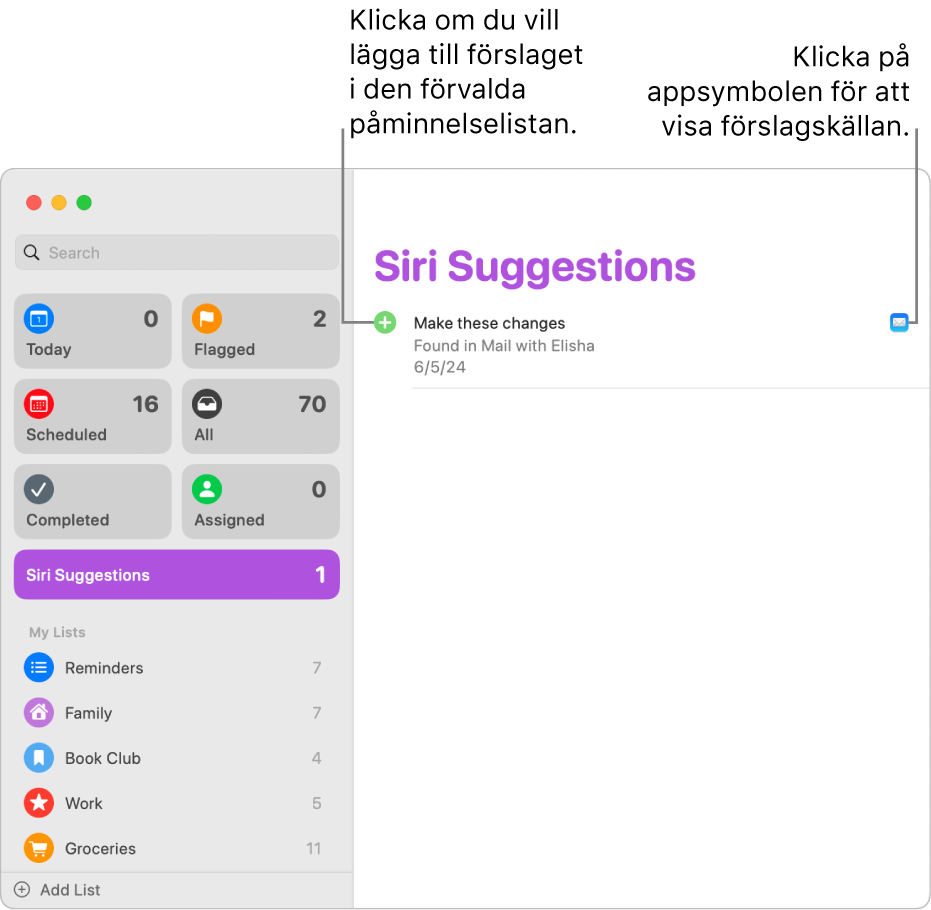 En Siri-förslagslista i appen Påminnelser visar en påminnelse som föreslås från appen Mail.