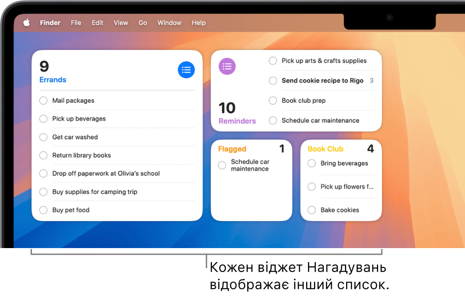 Чотири віджети Нагадувань на робочому столі, кожний для окремого списку.