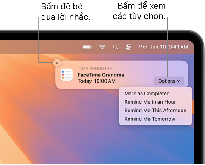 Thông báo lời nhắc với các nút Hoàn thành và Sau.