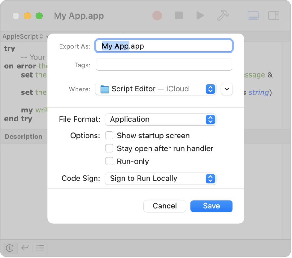 The Export dialog showing the File Format pop-up menu with Application selected and the options you can set when saving your script.