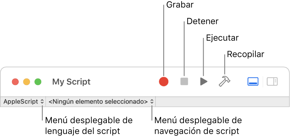 La barra de herramientas de Editor de Scripts mostrando los controles para grabar, detener, ejecutar, compilar, navegar por un script y elegir el lenguaje del script.