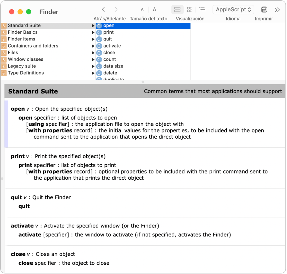 El diccionario de AppleScript para el Finder.