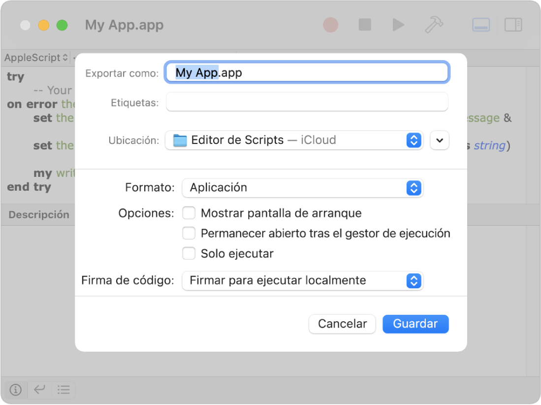 El cuadro de diálogo Exportar, con el menú desplegable Formato, el valor Aplicación seleccionado y las opciones que puedes elegir al guardar el script.