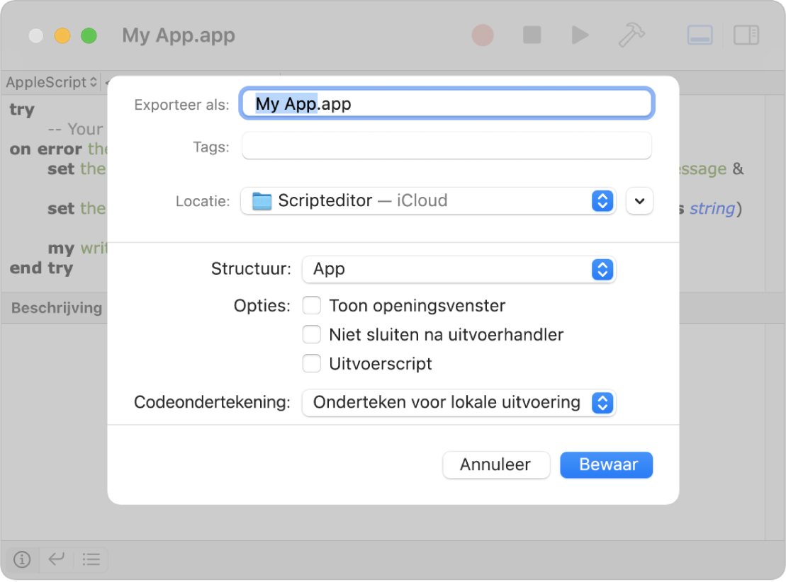 Het exportvenster met het pop‑upmenu voor de bestandsstructuur, met 'App' geselecteerd en de opties die je kunt instellen wanneer je het script bewaart.