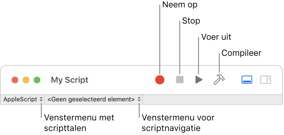 De knoppenbalk van Scripteditor met de regelaars voor opnemen, stoppen, uitvoeren, scripttaal en scriptnavigatie.