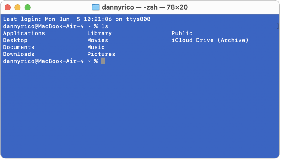 A Terminal window showing the command line with ls command and a list of file results.