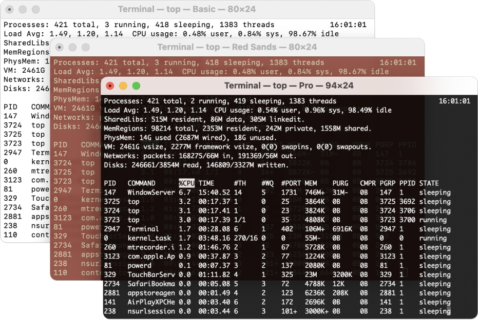 Three Terminal windows, each with a different background color.