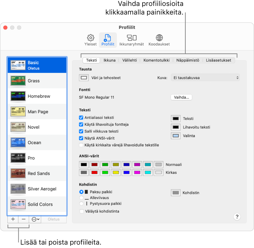 Päätteen Profiilit-osio, jossa näkyy Perus-profiili valittuna, profiilien lisäämisen ja poistamisen painikkeet ja painikkeet, joilla vaihdetaan profiiliosioita.