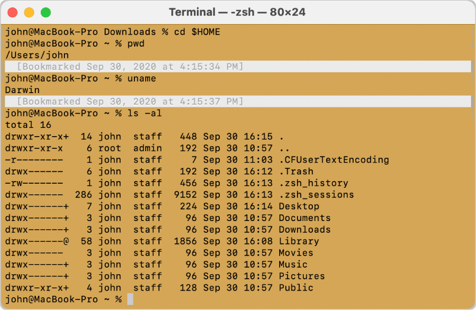 Uma janela do Terminal, mostrando marcadores e favoritos dos lados esquerdo e direito da janela e um marcador de timestamp acima de um prompt de comando.