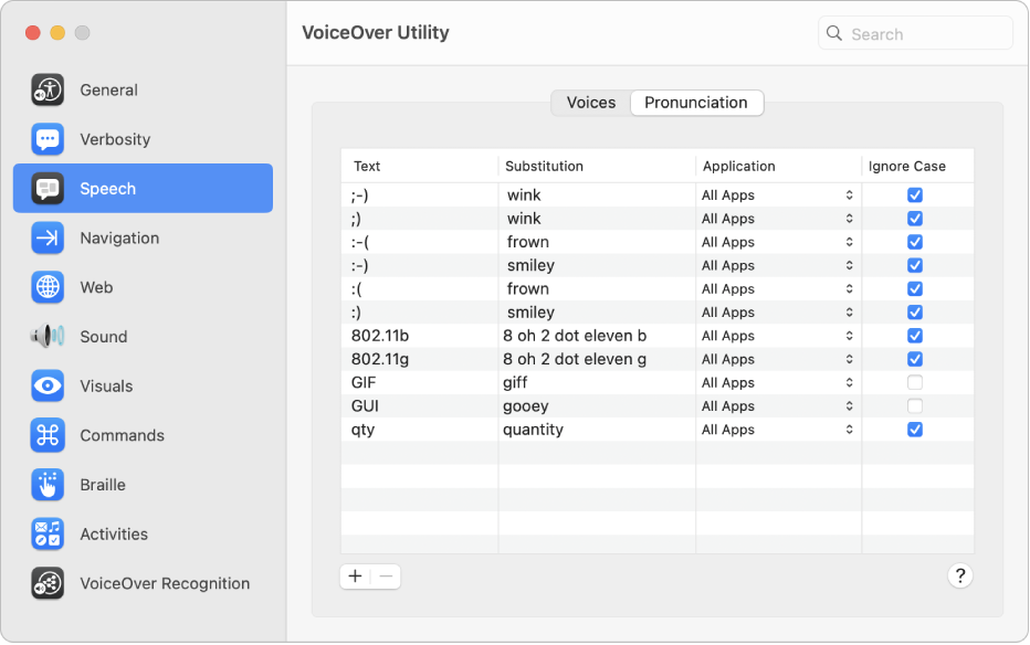 Settings for how VoiceOver should pronounce certain emoticons, numbers, and abbreviations are shown in the Pronunciation pane of the Speech category in VoiceOver Utility.