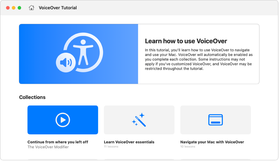 El tutorial interactivo de VoiceOver con información sobre aprender a usar VoiceOver.