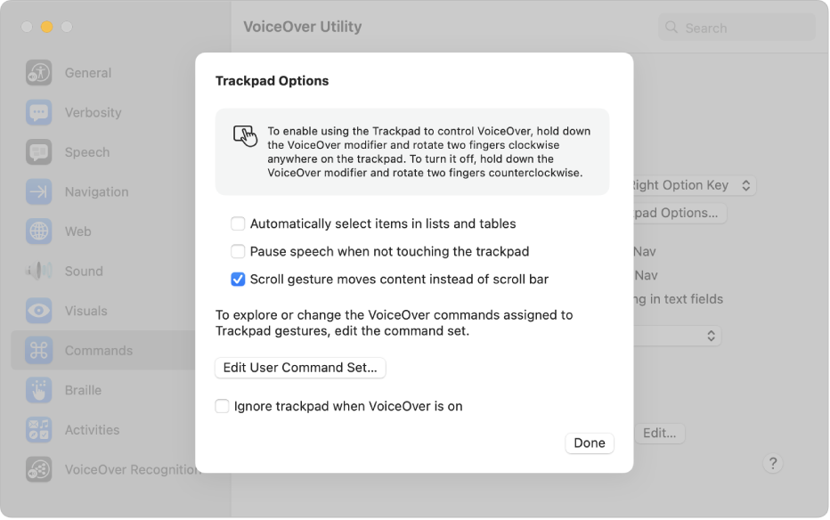 Uma caixa de diálogo no Utilitário VoiceOver mostra as definições para controlar o VoiceOver através do trackpad.