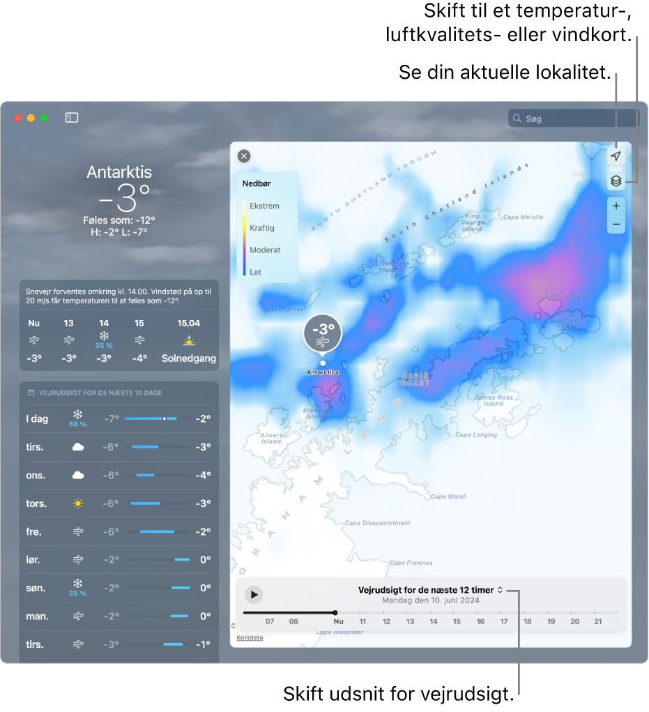 Appen Vejr, der viser lokaliteten, den aktuelle temperatur og de aktuelle vejrforhold, vejrudsigten time for time og for de næste 10 dage og en tidslinje.