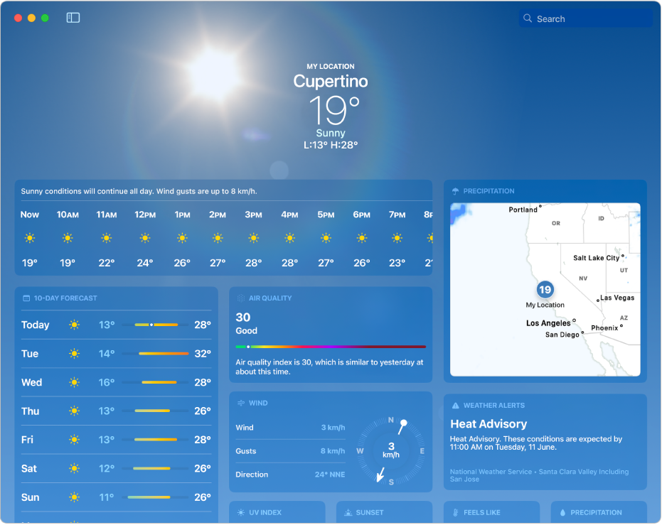 The Weather window showing the current temperature and conditions, the high and low temperatures for the day, the hourly forecast, several days of the 10-day forecast and a precipitation map.