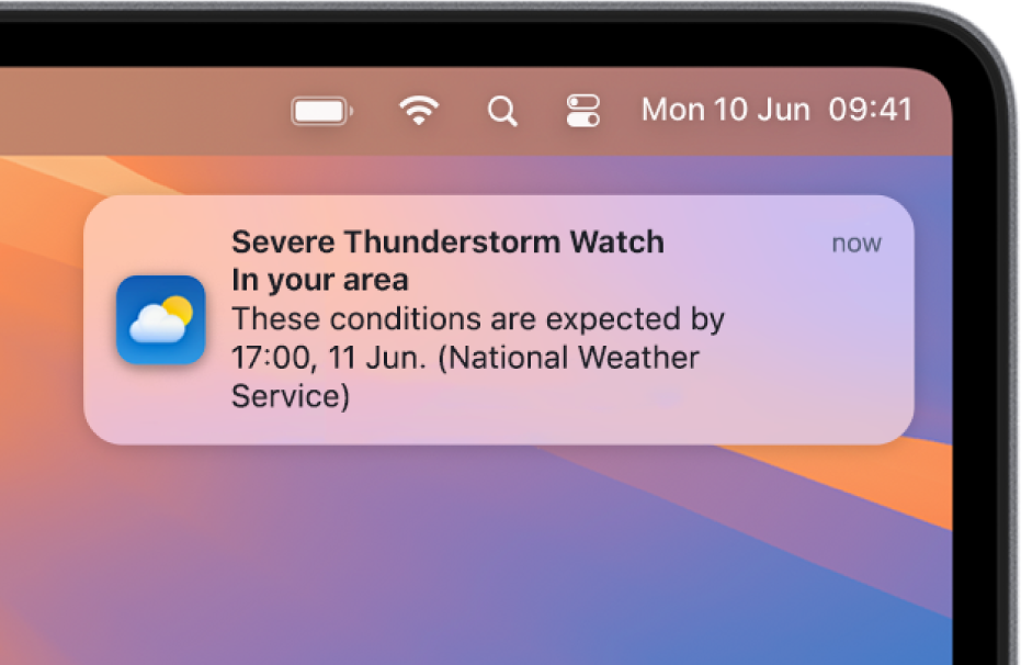 A notification showing an alert from the National Weather service about a severe thunderstorm.