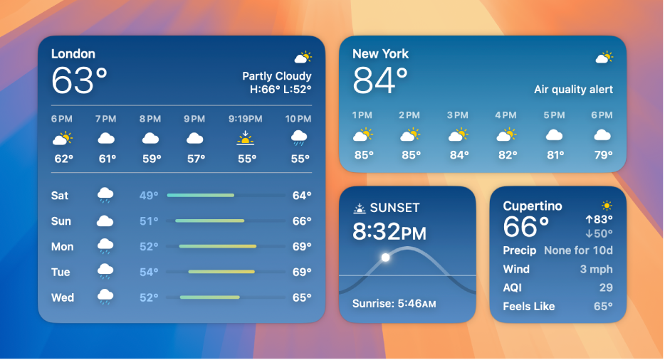 Small, medium, and large Weather widgets.