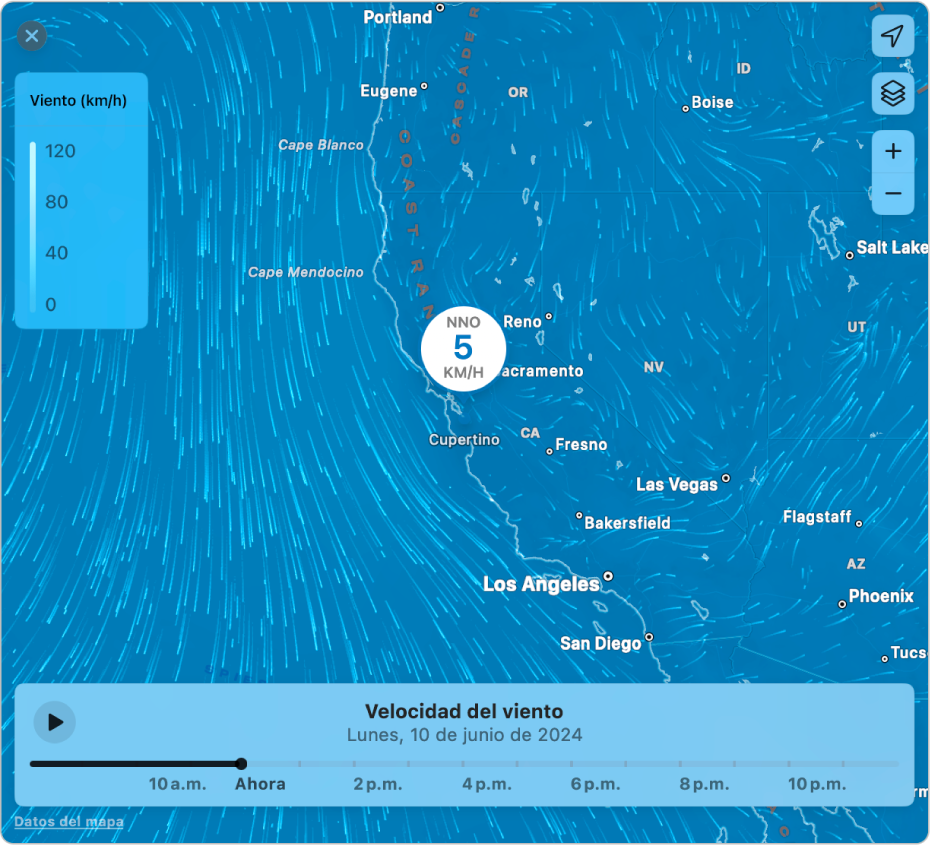 Un mapa del viento detallado centrado en Cupertino, California.